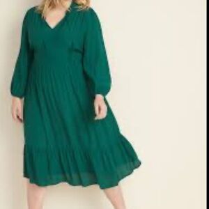Old Navy Midi Dress Womens Size XXL Waist Defined Tie Neck Tiered Long Sleeves